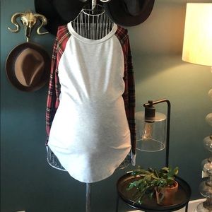 Heather grey plaid sleeve Top Maternity